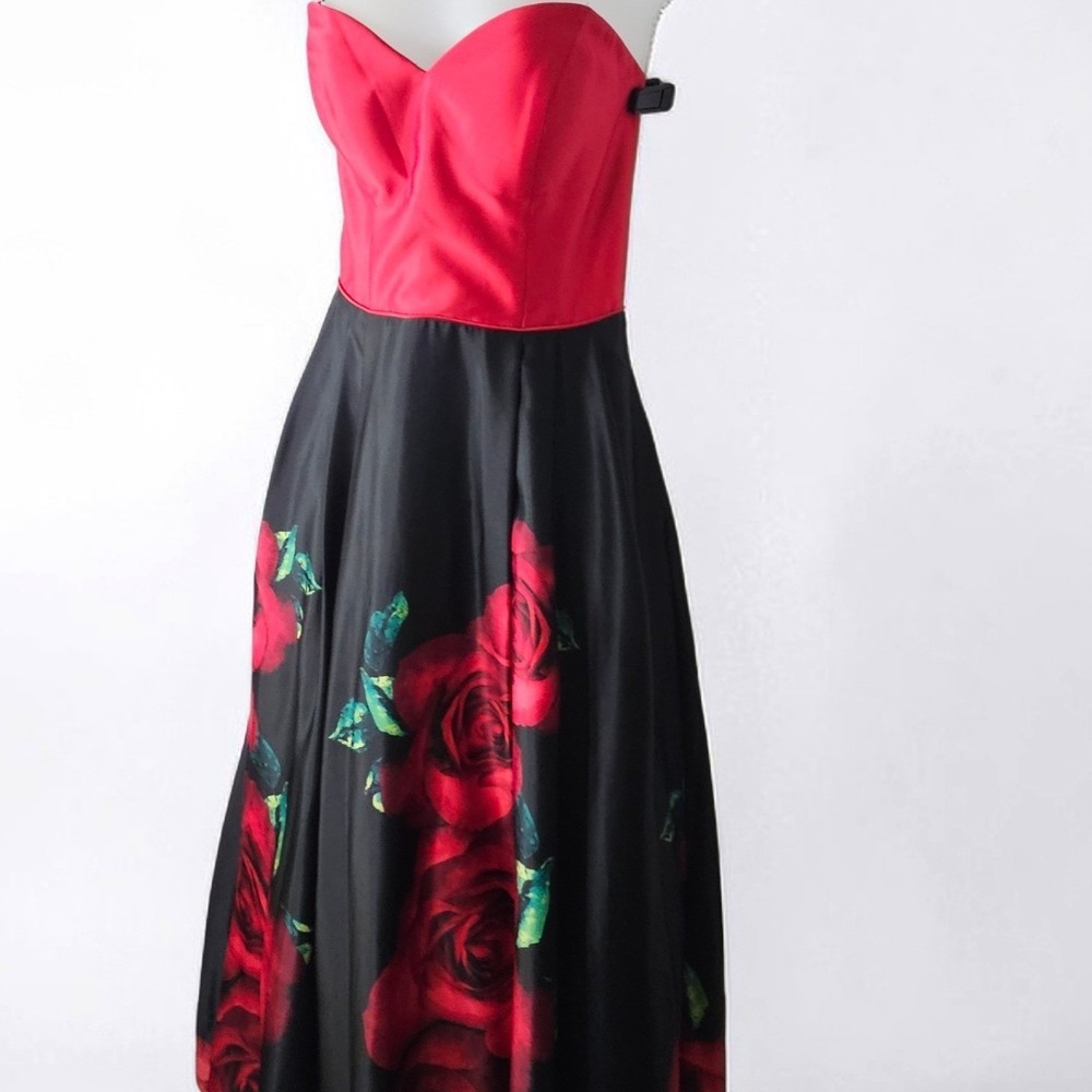 Strapless Red Black Rose Print Dress Sweetheart Neck Formal Prom Dance Sz 7 - Picture 7 of 8